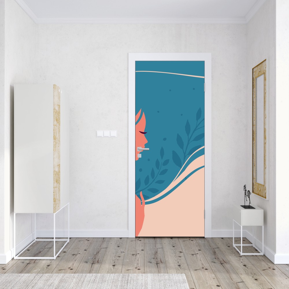 Naklejka na drzwi spokojny kwiatowy profil z falującymi włosami – Wallissimo® Naklejka na drzwi spokojny kwiatowy profil z falującymi włosami – Wallissimo®