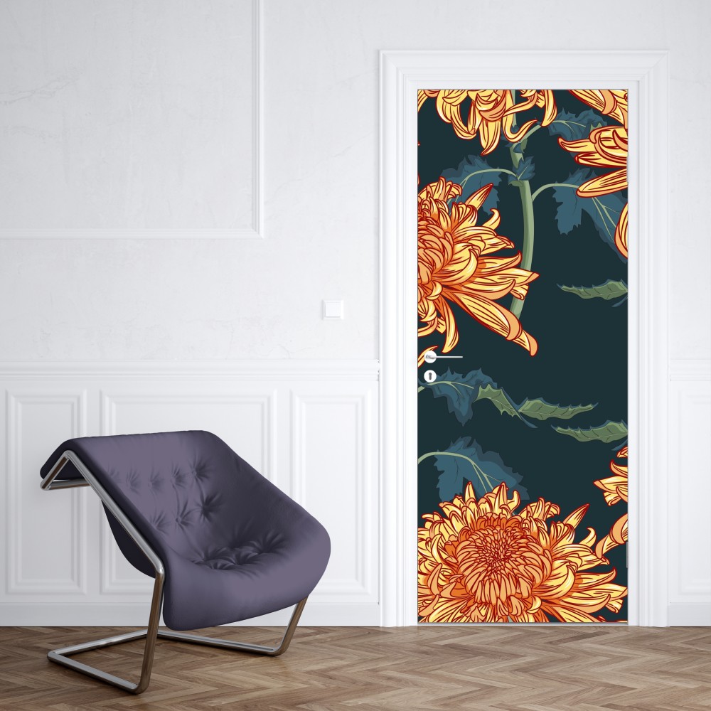 Naklejka na drzwi złota chryzantema botaniczny wzór – Wallissimo® Naklejka na drzwi złota chryzantema botaniczny wzór – Wallissimo®