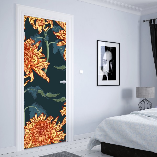 Naklejka na drzwi złota chryzantema botaniczny wzór – Wallissimo® Naklejka na drzwi złota chryzantema botaniczny wzór – Wallissimo®