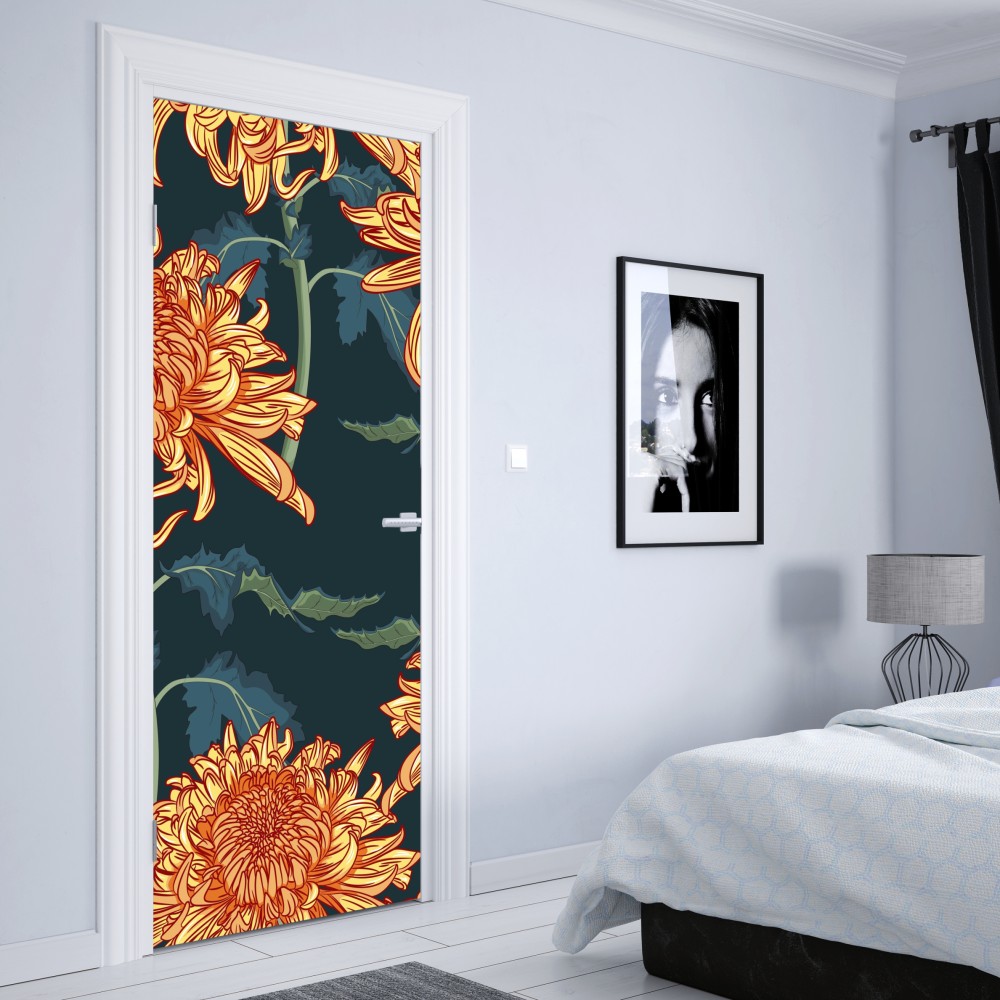 Naklejka na drzwi złota chryzantema botaniczny wzór – Wallissimo® Naklejka na drzwi złota chryzantema botaniczny wzór – Wallissimo®