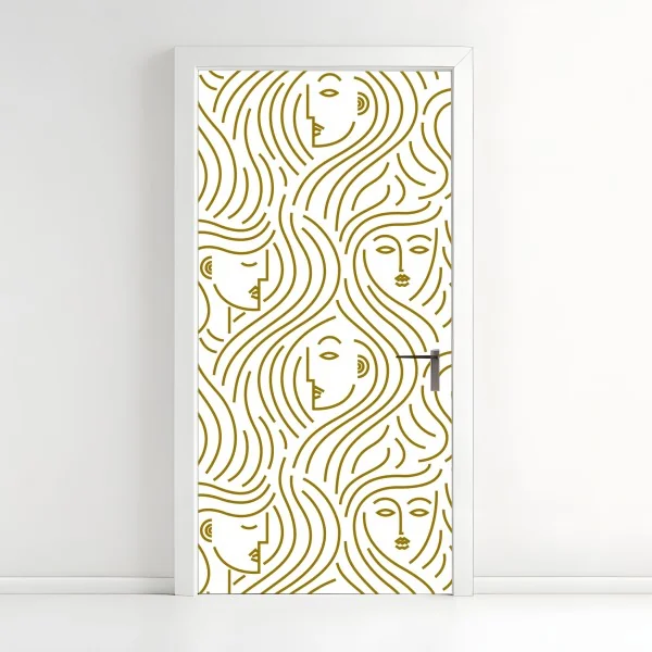 Naklejka na drzwi złote fale i abstrakcyjne twarze bezszwowy wzór