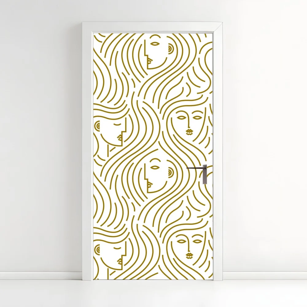 Naklejka na drzwi złote fale i abstrakcyjne twarze bezszwowy wzór – Wallissimo® Naklejka na drzwi złote fale i abstrakcyjne twarze bezszwowy wzór – Wallissimo®