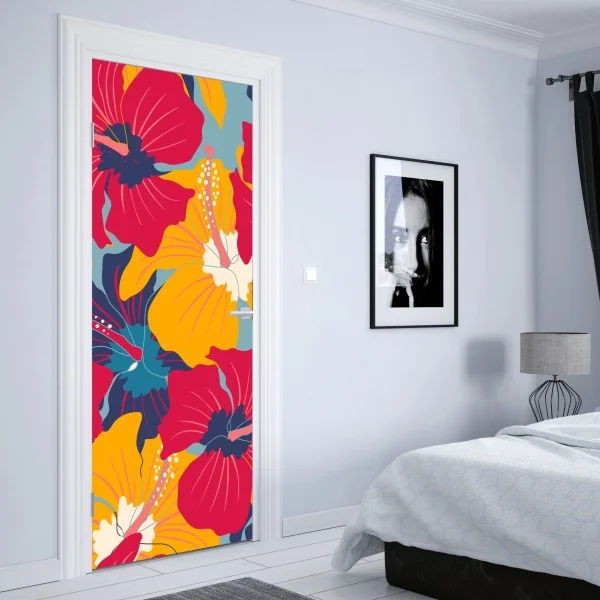 Naklejka na drzwi delikatne białe liście na szarym tle – Wallissimo®