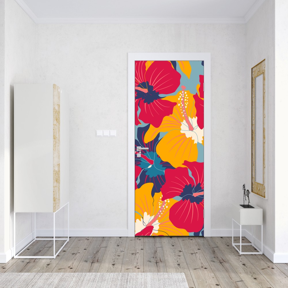 Naklejka na drzwi żywy wzór hibiskusa w stylu retro – Wallissimo® Naklejka na drzwi żywy wzór hibiskusa w stylu retro – Wallissimo®