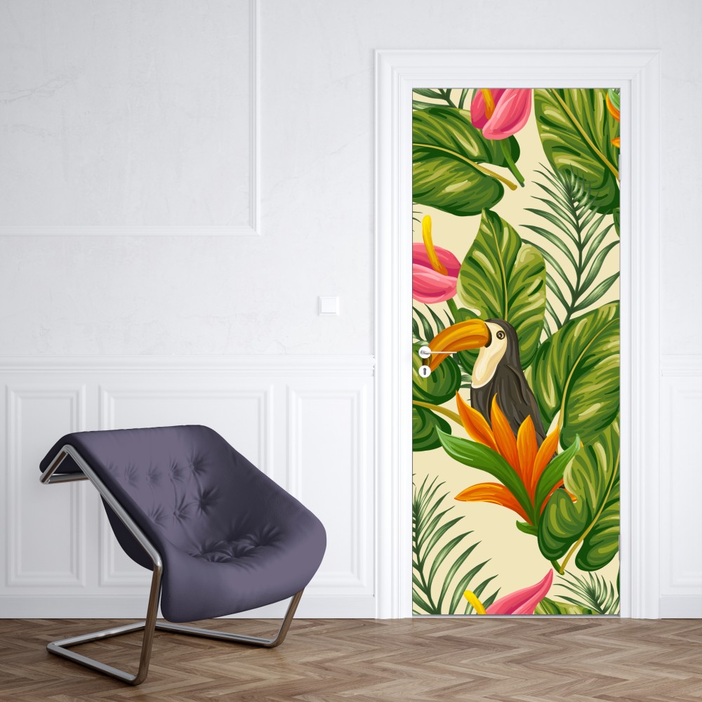 Naklejka na drzwi tropikalny wzór botaniczny z tukanem – Wallissimo® Naklejka na drzwi tropikalny wzór botaniczny z tukanem – Wallissimo®