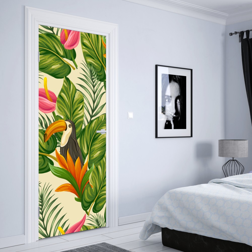 Naklejka na drzwi tropikalny wzór botaniczny z tukanem – Wallissimo® Naklejka na drzwi tropikalny wzór botaniczny z tukanem – Wallissimo®