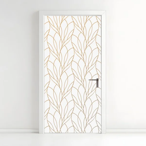 Naklejka na drzwi złoty wzór liści na białym tle