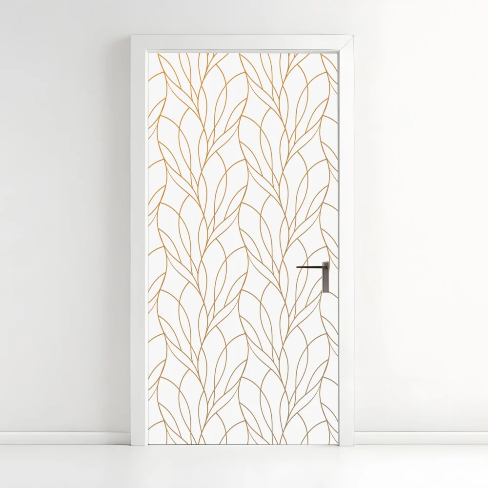 Naklejka na drzwi złoty wzór liści na białym tle – Wallissimo® Naklejka na drzwi złoty wzór liści na białym tle – Wallissimo®