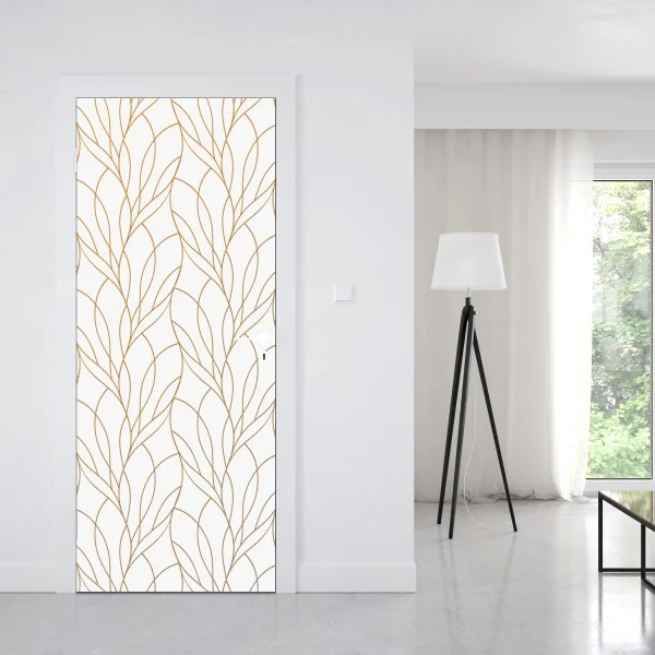 Naklejka na drzwi złoty wzór liści na białym tle – Wallissimo® Naklejka na drzwi złoty wzór liści na białym tle – Wallissimo®