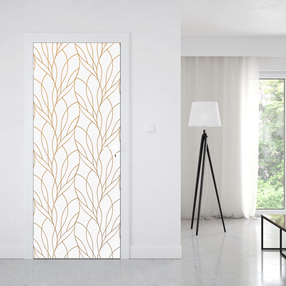Naklejka na drzwi złoty wzór liści na białym tle – Wallissimo® Naklejka na drzwi złoty wzór liści na białym tle – Wallissimo®