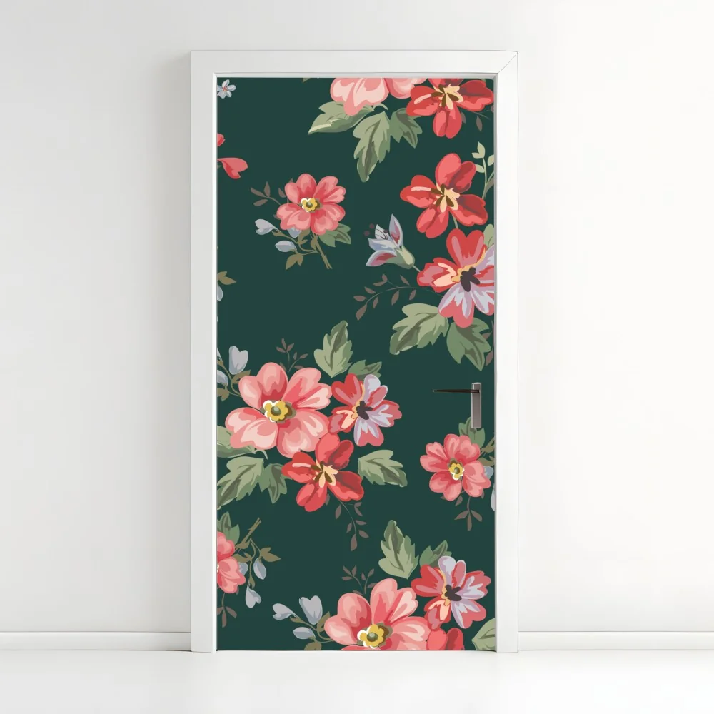 Naklejka na drzwi vintage różowy wzór kwiatowy na głębokiej zieleni – Wallissimo® Naklejka na drzwi vintage różowy wzór kwiatowy na głębokiej zieleni – Wallissimo®