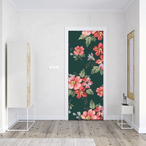 Naklejka na drzwi vintage różowy wzór kwiatowy na głębokiej zieleni – Wallissimo® Naklejka na drzwi vintage różowy wzór kwiatowy na głębokiej zieleni – Wallissimo®
