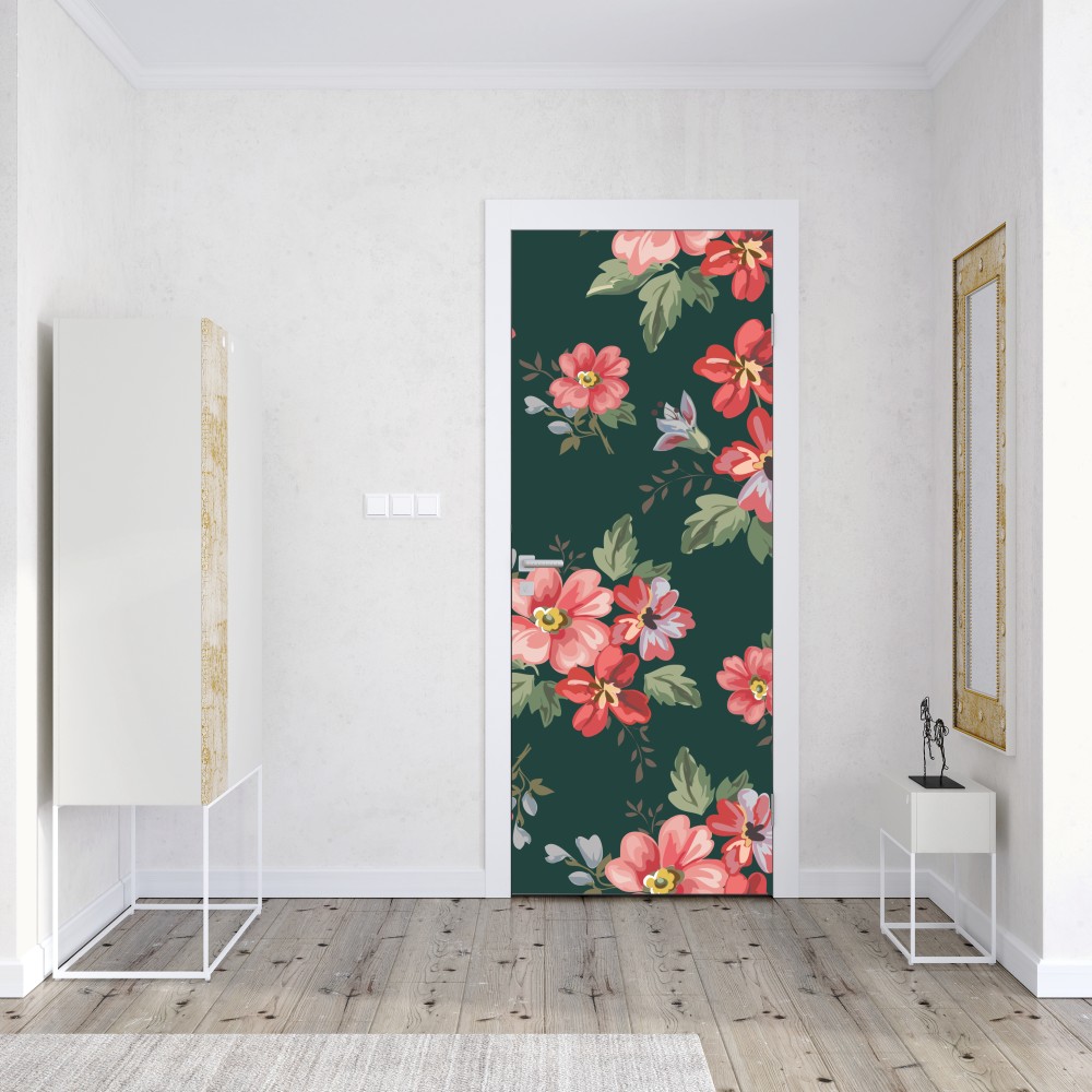 Naklejka na drzwi vintage różowy wzór kwiatowy na głębokiej zieleni – Wallissimo® Naklejka na drzwi vintage różowy wzór kwiatowy na głębokiej zieleni – Wallissimo®
