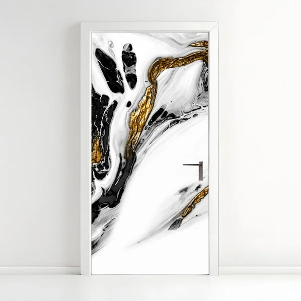 Naklejka na drzwi czarno-biała abstrakcja ze złotymi żyłami
