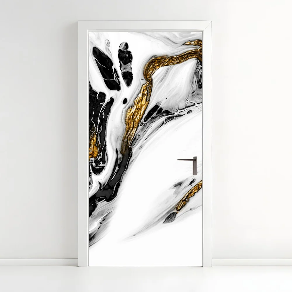 Naklejka na drzwi czarno-biała abstrakcja ze złotymi żyłami – Wallissimo® Naklejka na drzwi czarno-biała abstrakcja ze złotymi żyłami – Wallissimo®