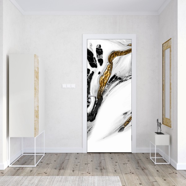 Naklejka na drzwi czarno-biała abstrakcja ze złotymi żyłami – Wallissimo® Naklejka na drzwi czarno-biała abstrakcja ze złotymi żyłami – Wallissimo®