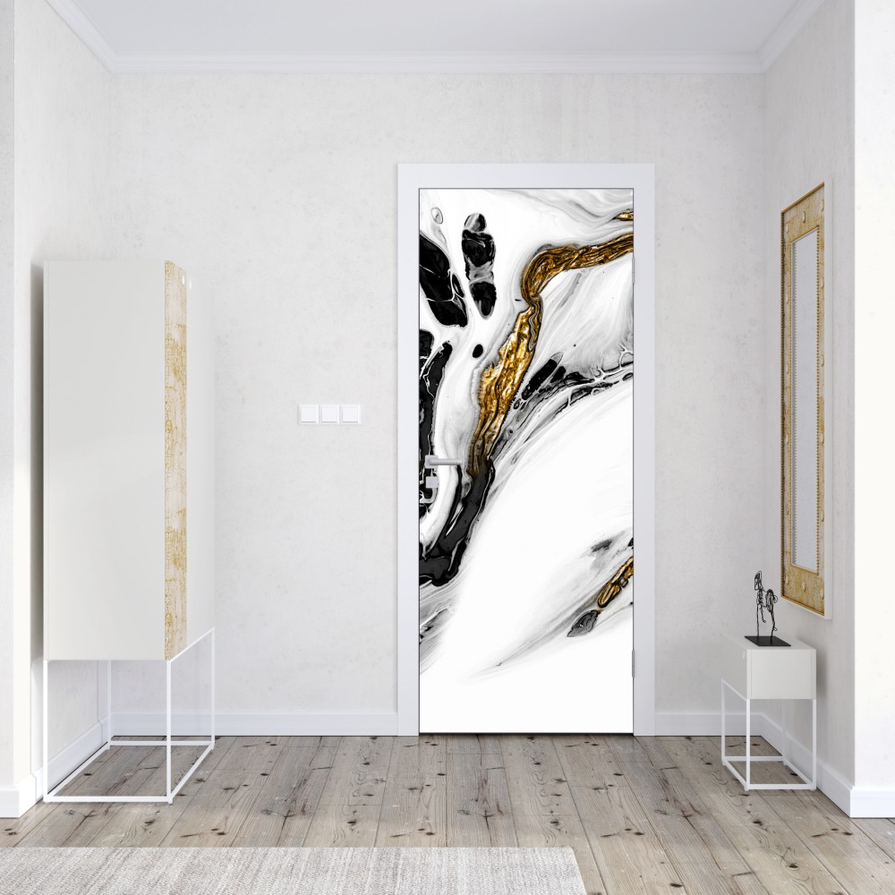 Naklejka na drzwi czarno-biała abstrakcja ze złotymi żyłami – Wallissimo® Naklejka na drzwi czarno-biała abstrakcja ze złotymi żyłami – Wallissimo®