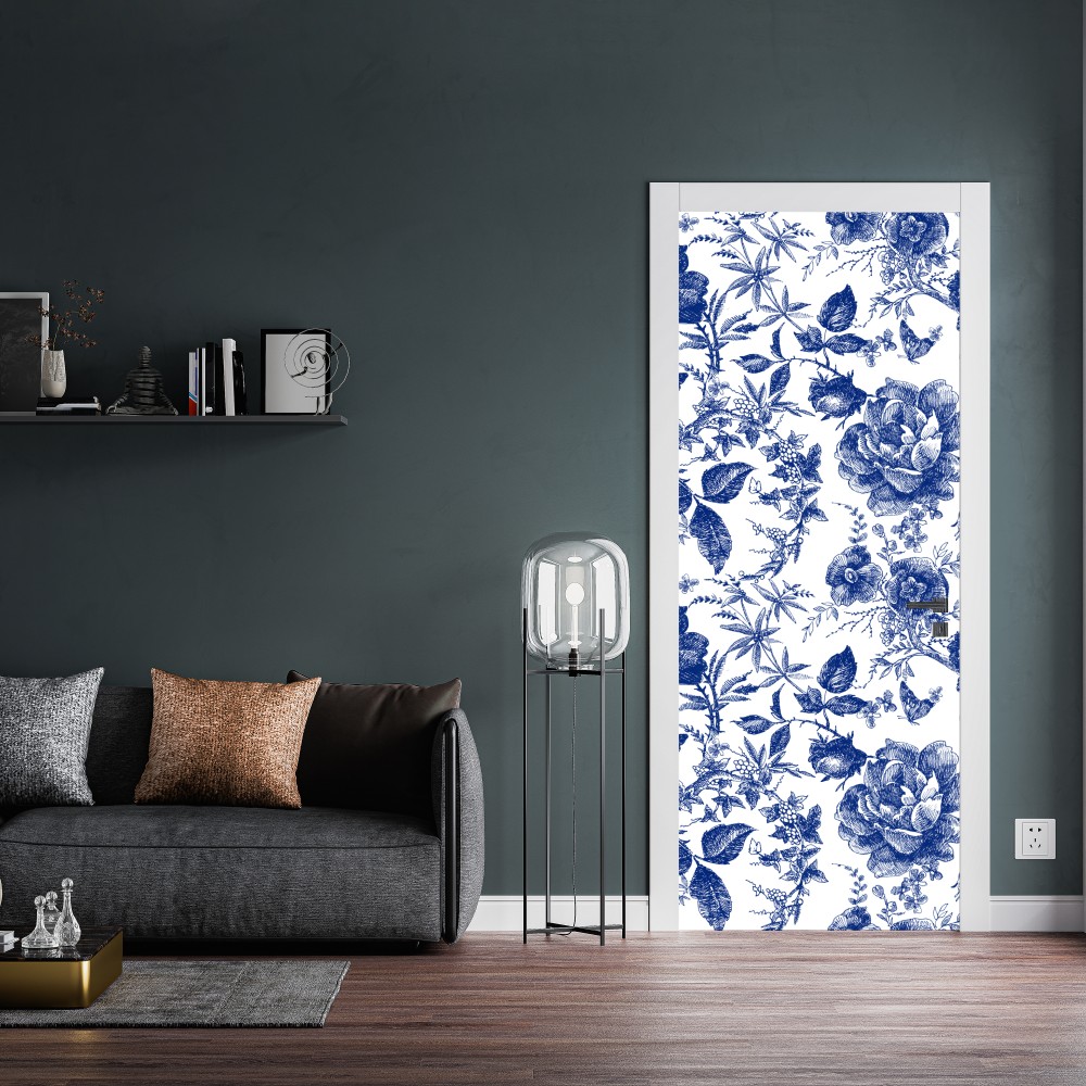 Naklejka na drzwi niebieski kwiatowy wzór toile – Wallissimo® Naklejka na drzwi niebieski kwiatowy wzór toile – Wallissimo®