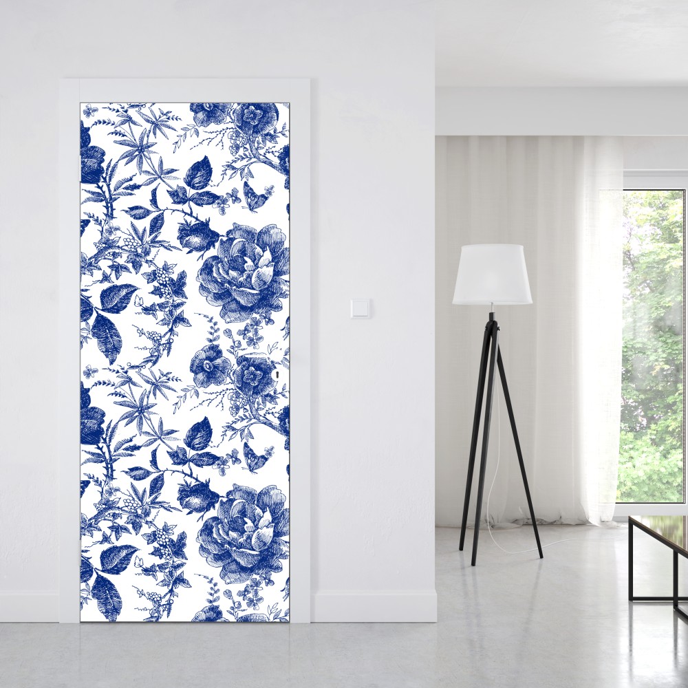Naklejka na drzwi niebieski kwiatowy wzór toile – Wallissimo® Naklejka na drzwi niebieski kwiatowy wzór toile – Wallissimo®