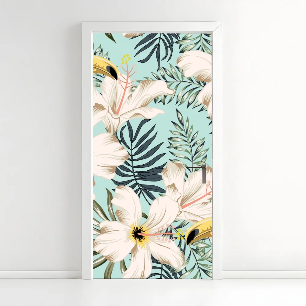 Naklejka na drzwi tropikalny wzór z tukanem i kwiatami – Wallissimo® Naklejka na drzwi tropikalny wzór z tukanem i kwiatami – Wallissimo®
