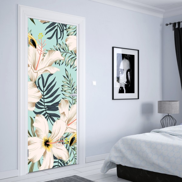 Naklejka na drzwi tropikalny wzór z tukanem i kwiatami – Wallissimo® Naklejka na drzwi tropikalny wzór z tukanem i kwiatami – Wallissimo®
