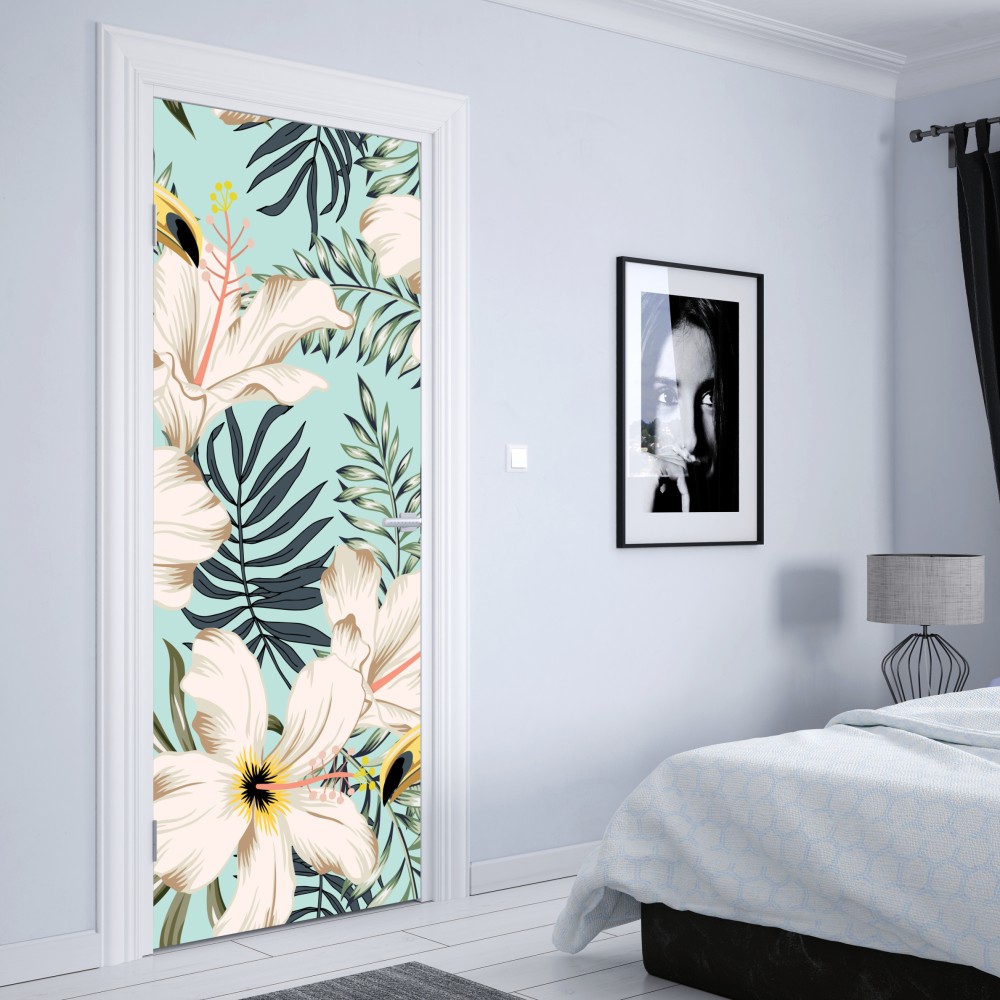 Naklejka na drzwi tropikalny wzór z tukanem i kwiatami – Wallissimo® Naklejka na drzwi tropikalny wzór z tukanem i kwiatami – Wallissimo®