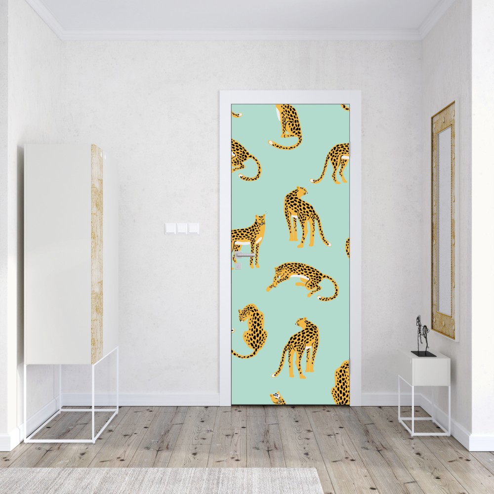 Naklejka na drzwi zabawny wzór gepardów na turkusowym tle – Wallissimo® Naklejka na drzwi zabawny wzór gepardów na turkusowym tle – Wallissimo®