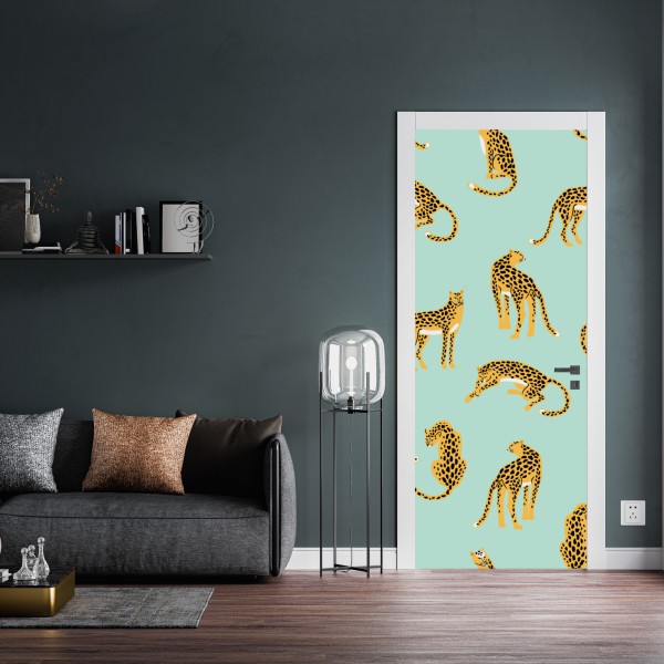 Naklejka na drzwi zabawny wzór gepardów na turkusowym tle – Wallissimo® Naklejka na drzwi zabawny wzór gepardów na turkusowym tle – Wallissimo®