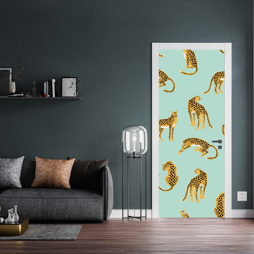 Naklejka na drzwi zabawny wzór gepardów na turkusowym tle – Wallissimo® Naklejka na drzwi zabawny wzór gepardów na turkusowym tle – Wallissimo®