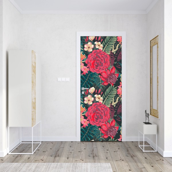 Naklejka na drzwi tropikalny wzór kwiatowy w różu i turkusie – Wallissimo® Naklejka na drzwi tropikalny wzór kwiatowy w różu i turkusie – Wallissimo®