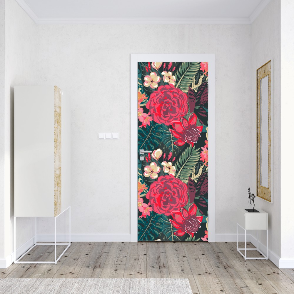 Naklejka na drzwi tropikalny wzór kwiatowy w różu i turkusie – Wallissimo® Naklejka na drzwi tropikalny wzór kwiatowy w różu i turkusie – Wallissimo®