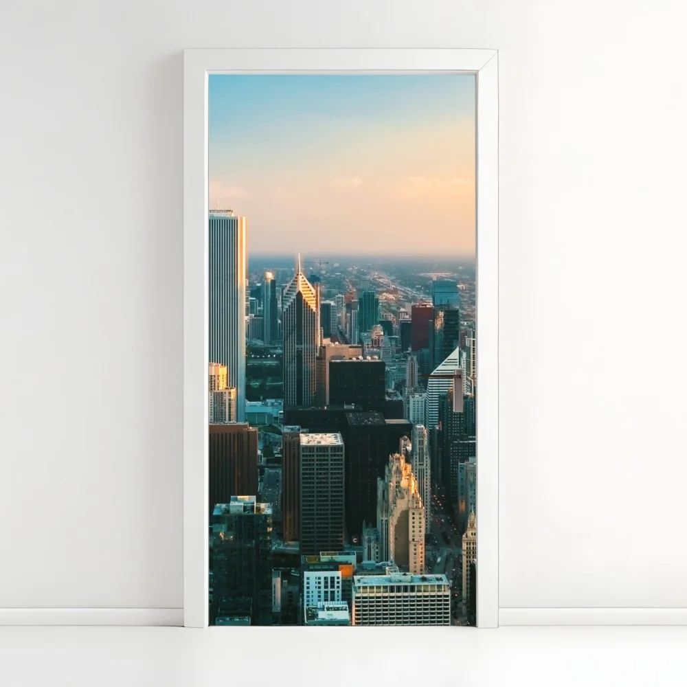 Naklejka na drzwi Chicago panorama miasta o zachodzie słońca – Wallissimo® Naklejka na drzwi Chicago panorama miasta o zachodzie słońca – Wallissimo®