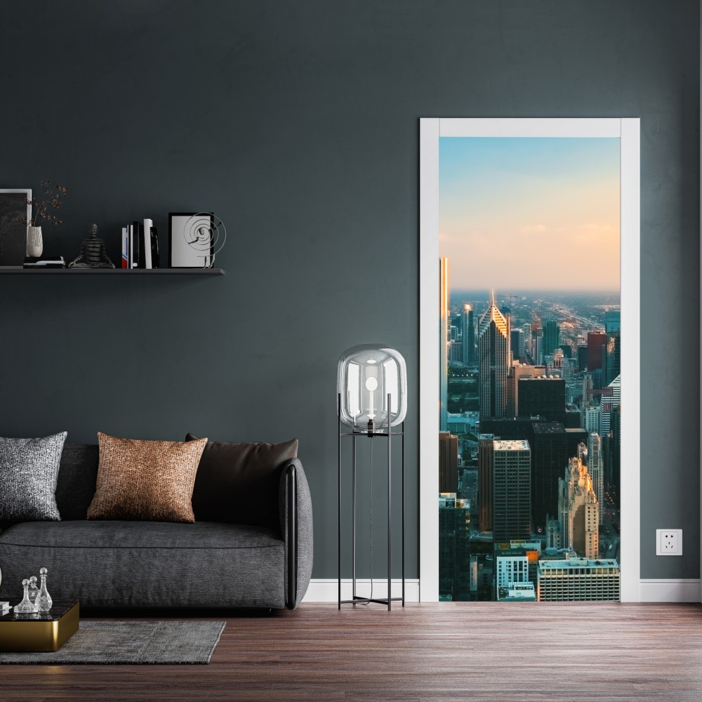 Naklejka na drzwi Chicago panorama miasta o zachodzie słońca – Wallissimo® Naklejka na drzwi Chicago panorama miasta o zachodzie słońca – Wallissimo®