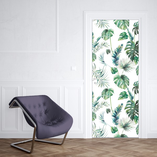 Naklejka na drzwi złote tropikalne liście na beżowym tle – Wallissimo®