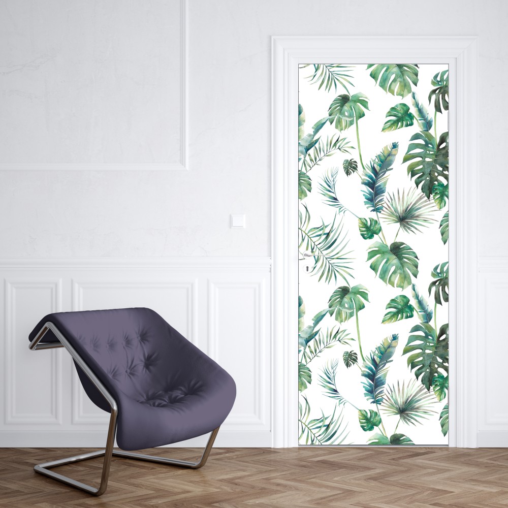 Naklejka na drzwi akwarelowy wzór tropikalnych liści – Wallissimo® Naklejka na drzwi akwarelowy wzór tropikalnych liści – Wallissimo®