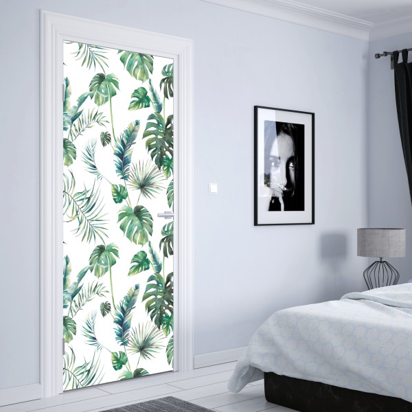 Naklejka na drzwi akwarelowy wzór tropikalnych liści – Wallissimo® Naklejka na drzwi akwarelowy wzór tropikalnych liści – Wallissimo®