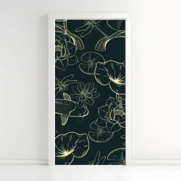 Naklejka na drzwi ręcznie rysowany wzór koi i lotosu