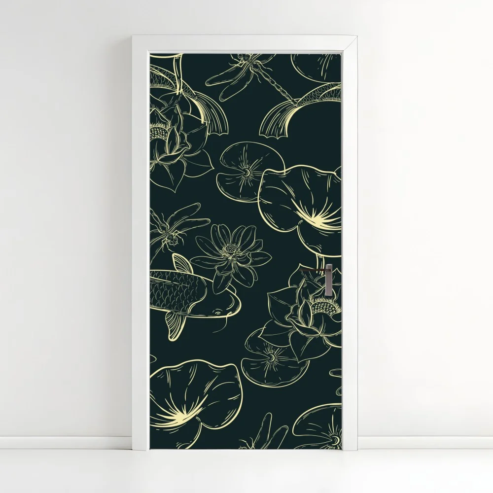 Naklejka na drzwi ręcznie rysowany wzór koi i lotosu – Wallissimo® Naklejka na drzwi ręcznie rysowany wzór koi i lotosu – Wallissimo®