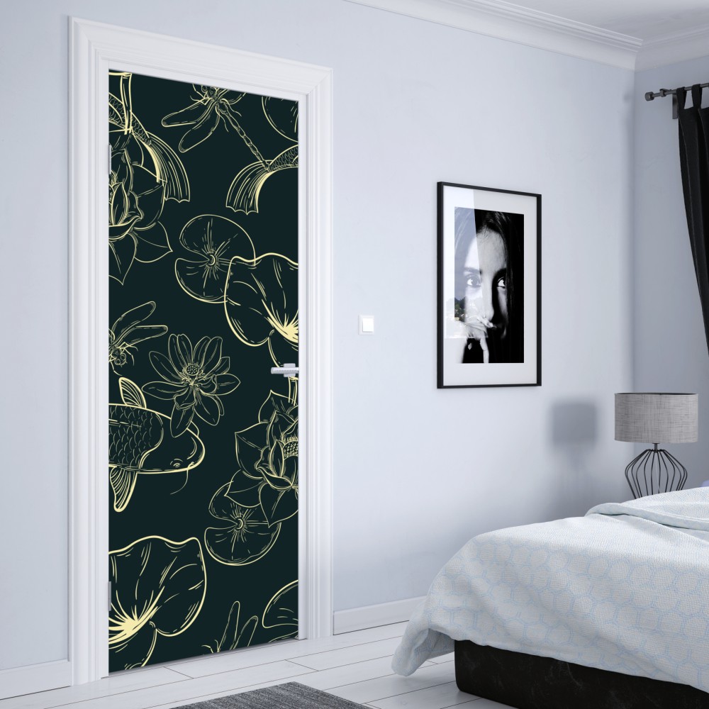 Naklejka na drzwi ręcznie rysowany wzór koi i lotosu – Wallissimo® Naklejka na drzwi ręcznie rysowany wzór koi i lotosu – Wallissimo®