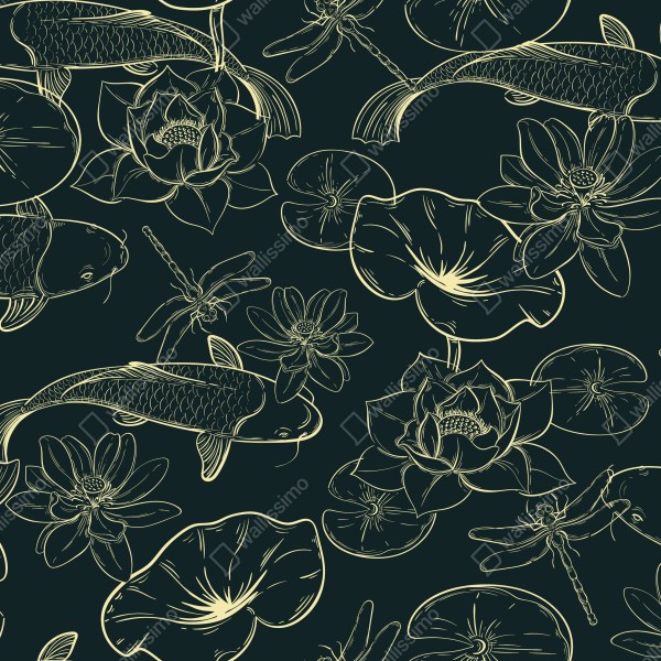 Naklejka na drzwi ręcznie rysowany wzór koi i lotosu – Wallissimo® Naklejka na drzwi ręcznie rysowany wzór koi i lotosu – Wallissimo®