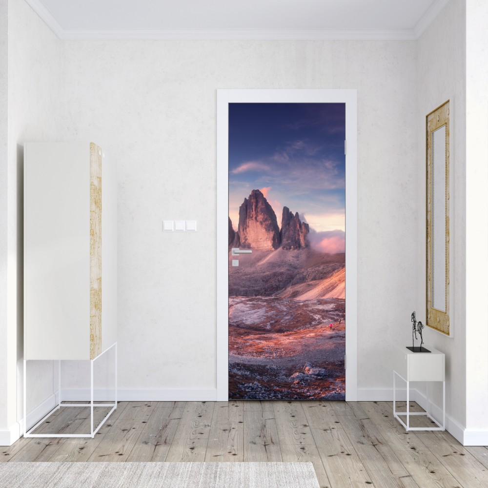 Naklejka na drzwi wschód słońca nad szczytami Dolomitów – Wallissimo® Naklejka na drzwi wschód słońca nad szczytami Dolomitów – Wallissimo®