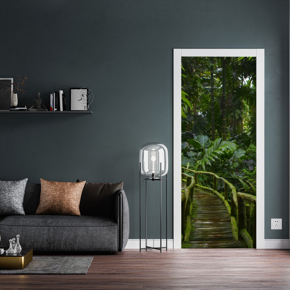 Naklejka na drzwi spokojna kładka w dżungli przez bujny las deszczowy – Wallissimo® Naklejka na drzwi spokojna kładka w dżungli przez bujny las deszczowy – Wallissimo®