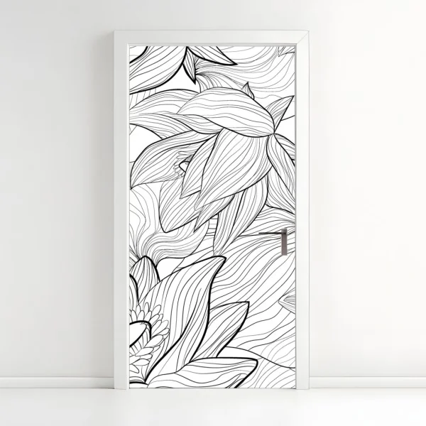 Naklejka na drzwi delikatny rysunek lotosu w czerni i bieli