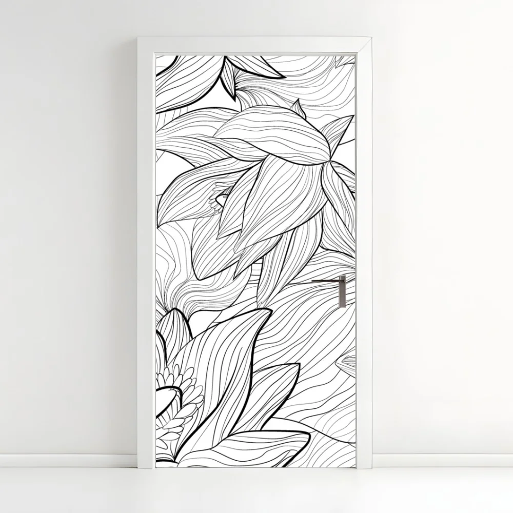 Naklejka na drzwi delikatny rysunek lotosu w czerni i bieli – Wallissimo® Naklejka na drzwi delikatny rysunek lotosu w czerni i bieli – Wallissimo®