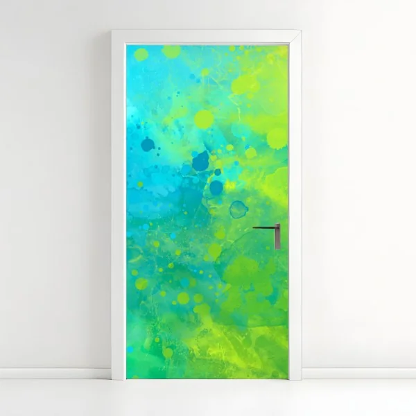 Naklejka na drzwi intensywna turkusowa akwarela z akcentem limonkowym