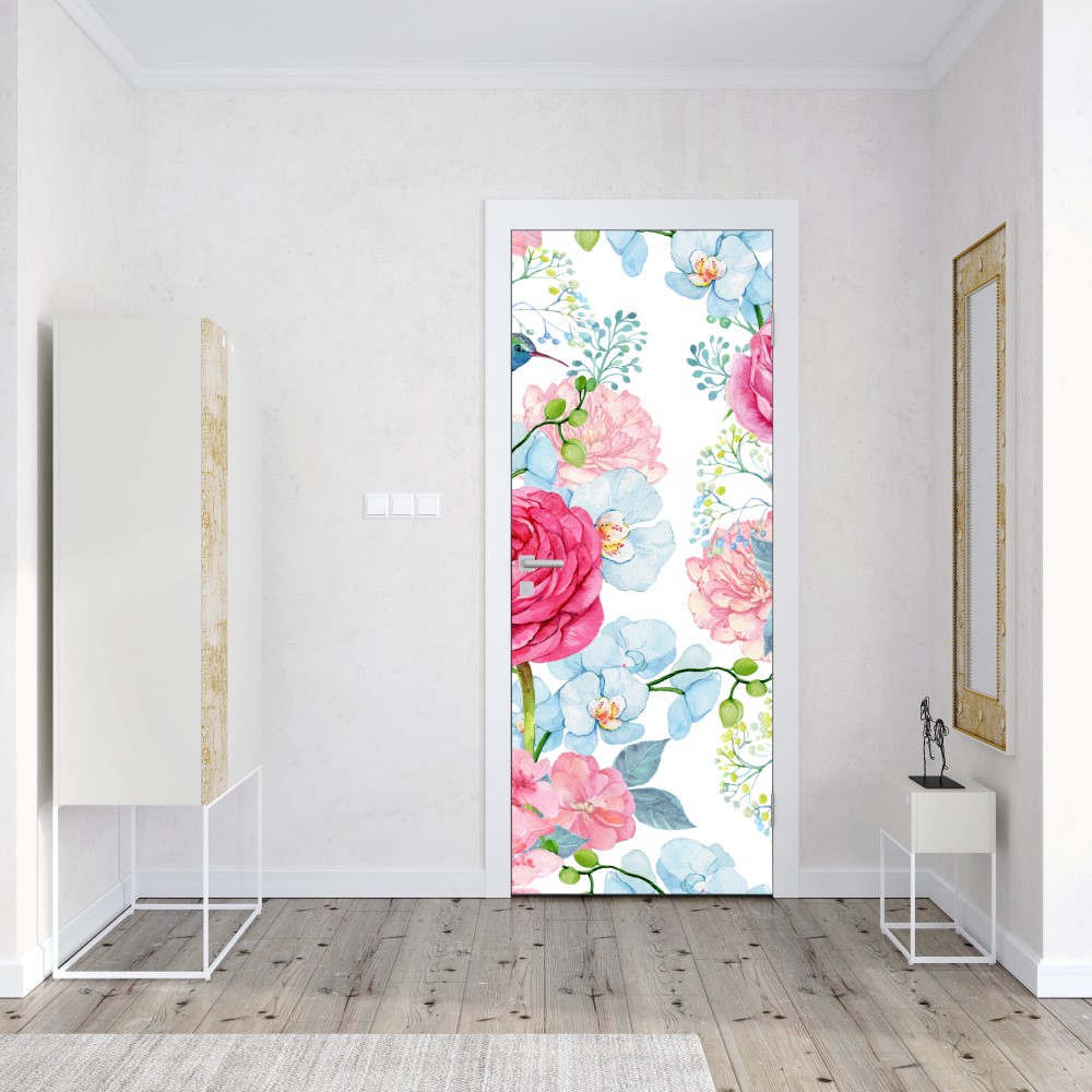 Naklejka na drzwi różany akwarelowy ogród z kolibrem – Wallissimo® Naklejka na drzwi różany akwarelowy ogród z kolibrem – Wallissimo®