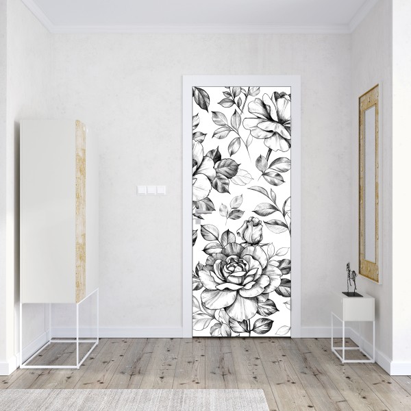 Naklejka na drzwi tropikalny wzór kwiatowy z hibiskusem i plumerią – Wallissimo®