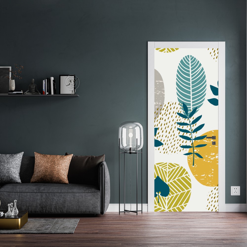 Naklejka na drzwi turkusowo-musztardowy botaniczny wzór – Wallissimo® Naklejka na drzwi turkusowo-musztardowy botaniczny wzór – Wallissimo®