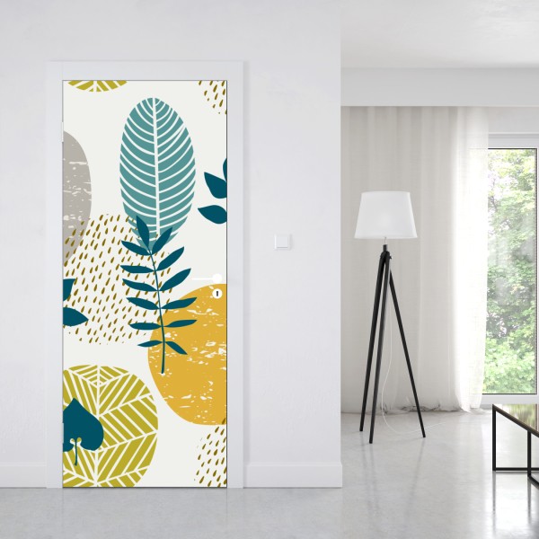 Naklejka na drzwi turkusowo-musztardowy botaniczny wzór – Wallissimo® Naklejka na drzwi turkusowo-musztardowy botaniczny wzór – Wallissimo®
