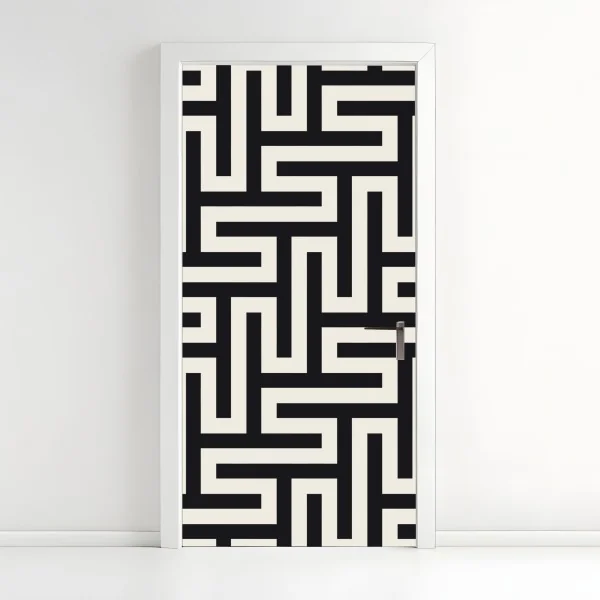 Naklejka na drzwi geometryczny wzór labiryntu w beżu i czerni